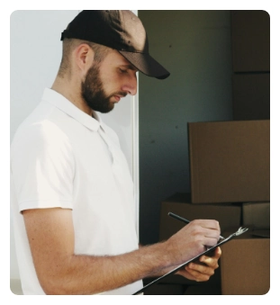 A man wearing a white shirt and hat is focused on writing notes on a clipboard.